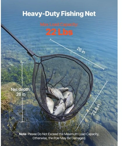 VEVOR Žvejybos tinklas su teleskopine rankena, 66 cm tinklo anga, 6063 aliuminis, juodas
