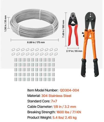 VEVOR Vielinio lyno rinkinys, 3,2 mm, 30,5 m, 304 nerūdijantis plienas