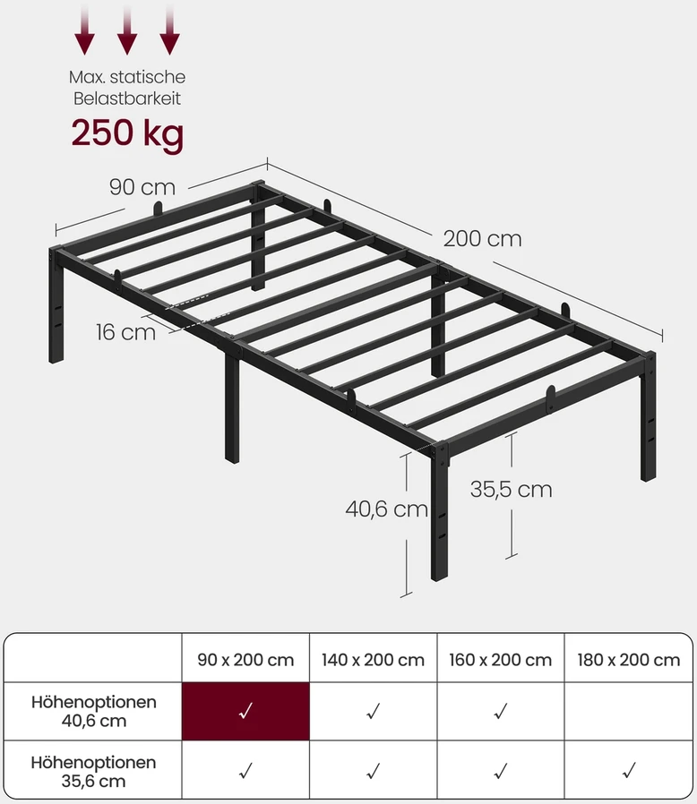 Koduva Viengulės lovos metalinis rėmas 90 x 200 cm, plieno, juodas, su vieta daiktams po lova
