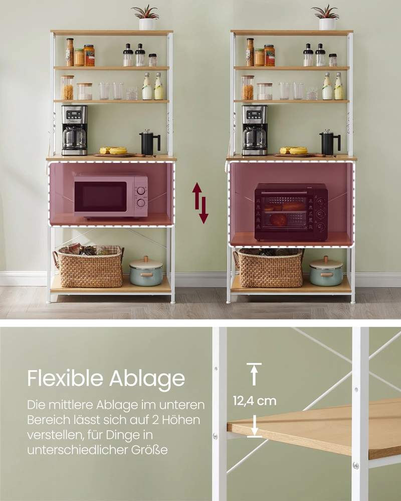 Koduva Virtuvės lentyna mikrobangų krosnelei, 40 x 80 x 167 cm, 6 lentynos, 6 kabliukai, ąžuolo ir balta