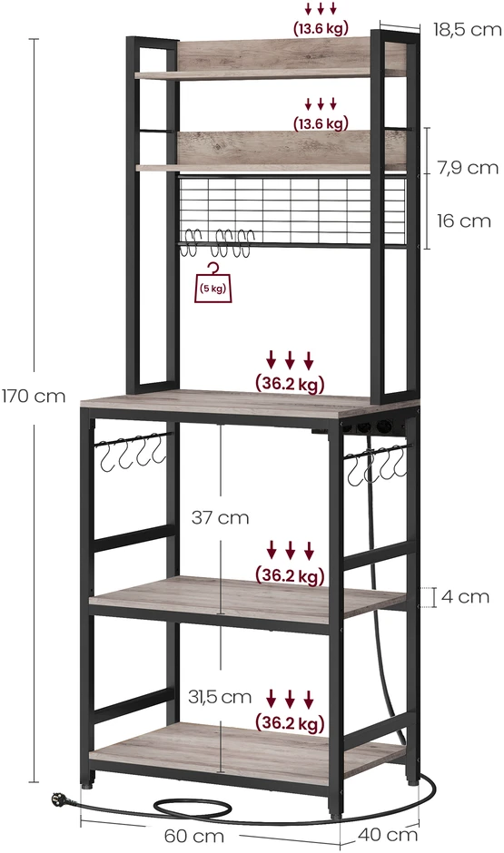 Koduva Virtuvės lentyna mikrobangų krosnelei, 40 x 60 x 170 cm, su 6 lentynomis ir 6 kabliukais, rusvai pilka-juoda