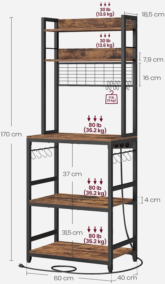 Koduva Virtuvės lentyna mikrobangų krosnelei, 40 x 60 x 170 cm, 6 lentynos, 6 kabliukai, ruda-juoda