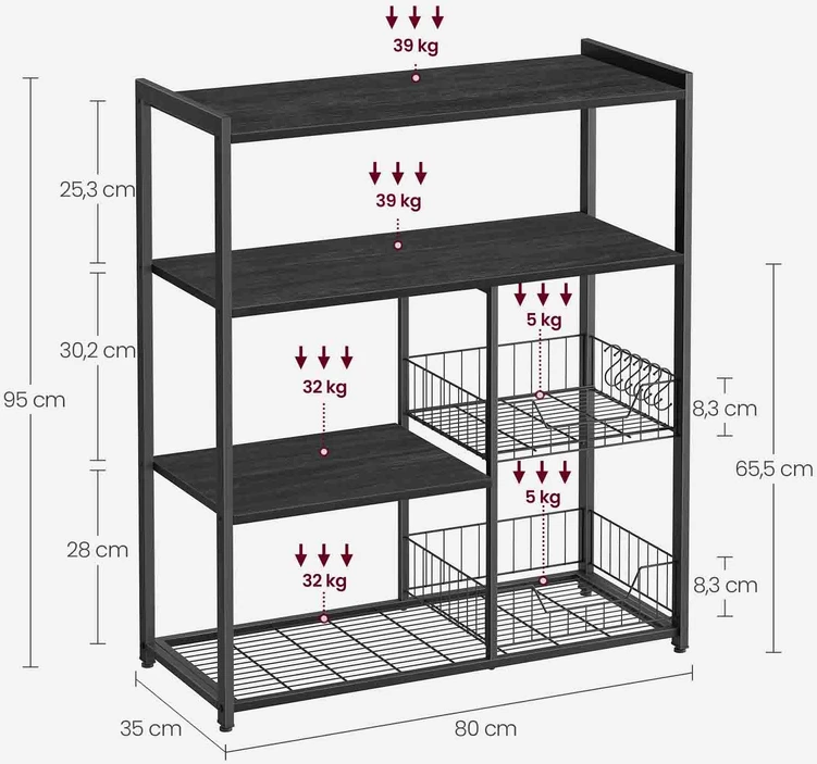 Koduva Virtuvės lentyna su 2 metaliniais krepšiais ir kabliukais, 35 x 80 x 95 cm, antracito pilka