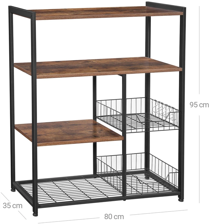 Koduva Virtuvės lentyna su 2 metaliniais krepšiais ir kabliukais, 80 x 35 x 95 cm, tamsiai ruda