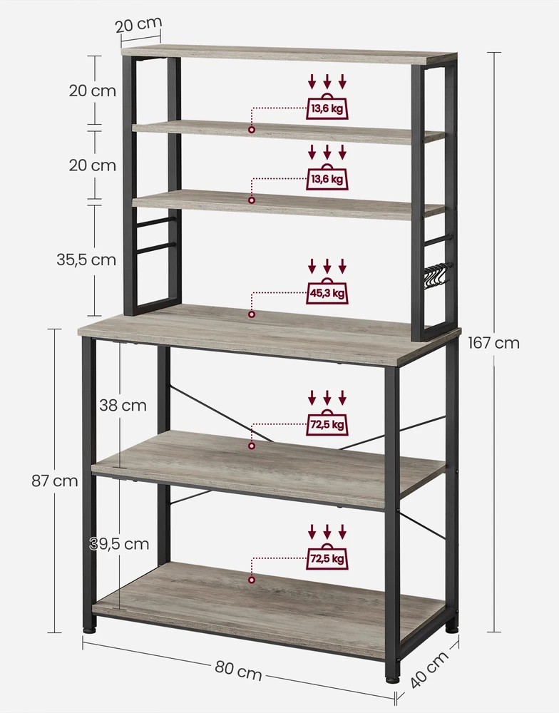 Songmics Virtuvės lentyna su 6 lentynomis ir 6 kabliukais, 40 x 80 x 167 cm, pilkai juoda