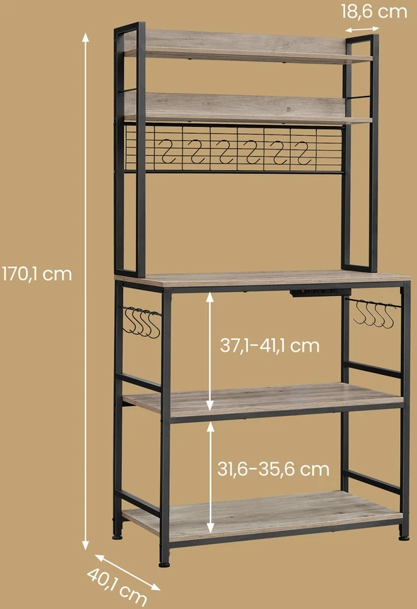 Koduva Virtuvės lentyna su kištukiniais lizdais, 40 x 80 x 170 cm, 14 kabliukų, pilkai ruda-juoda