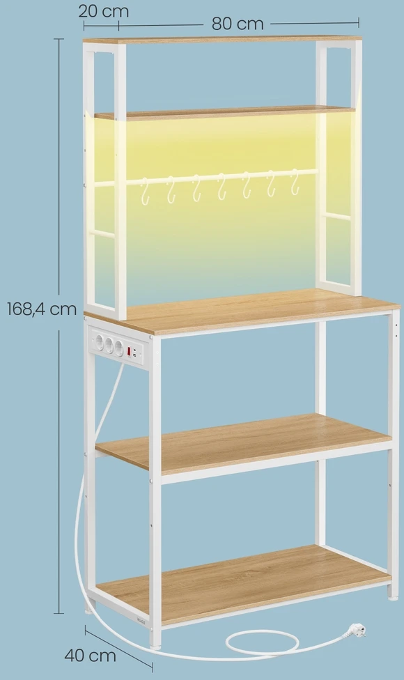 Koduva Virtuvės lentyna su LED apšvietimu, reguliuojamomis lentynomis ir 8 kabliukais, 40 x 80 x 168,4 cm