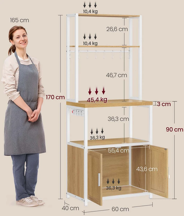 Koduva Virtuvės lentyna su lizdais ir kabliukais, 40 x 60 x 170 cm, medžio drožlių plokštė ir plienas