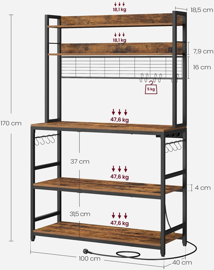 Koduva Virtuvės lentyna su tinkleline plokšte, 14 kabliukų, 40 x 100 x 170 cm, ruda–juoda