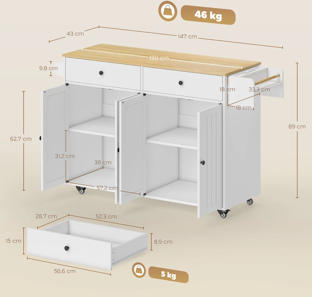 Aosom Virtuvės sala ant ratukų, 2 stalčiai, 2 spintelės, balta, MDF