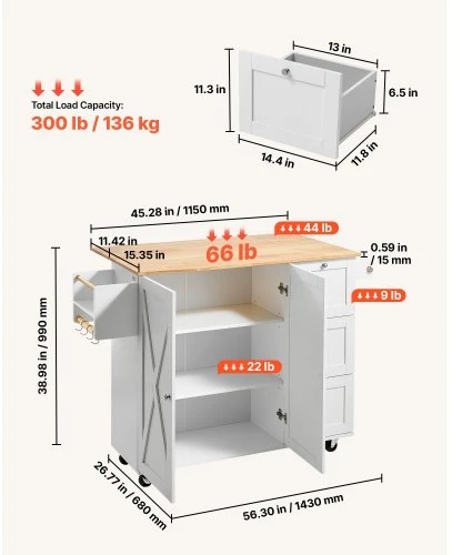Koduva Virtuvės sala ant ratukų VEVOR SR221265, balta, 143 x 68 x 99 cm
