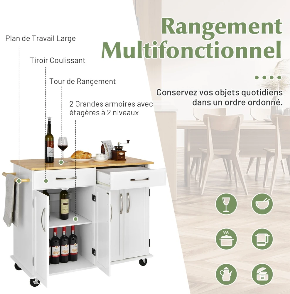 Promotion Virtuvės Sala Ant Užrakinamų Ratukų Balta