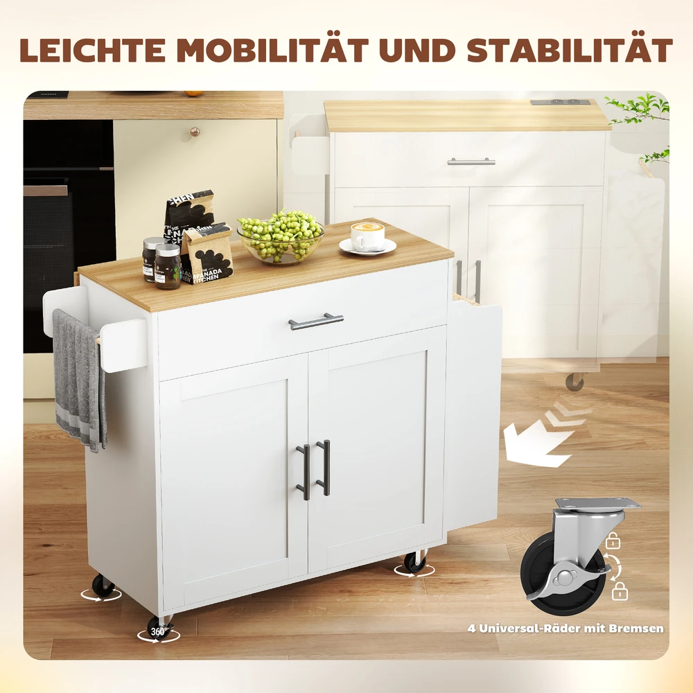 Aosom Virtuvės sala su ratukais, sulankstomas stalviršis, stalčius, lentyna, balta, 120 x 68 x 85 cm