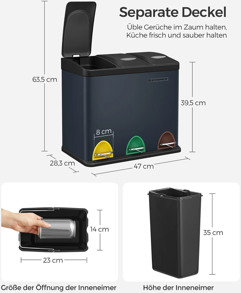 Koduva Virtuvės šiukšliadėžė su 3 skyriais, 24 l, plieninė, žalsvai pilka-juoda, 47 x 28,3 x 39,5 cm