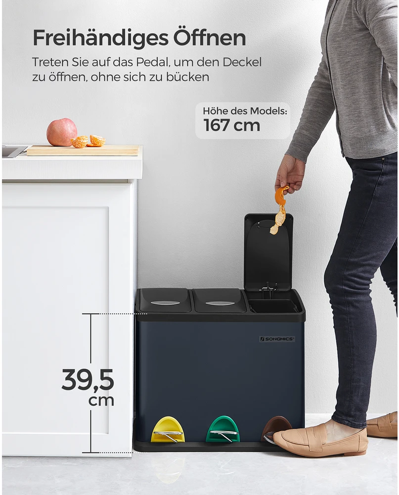 Koduva Virtuvės šiukšliadėžė su 3 skyriais, 24 l, plieninė, žalsvai pilka-juoda, 47 x 28,3 x 39,5 cm