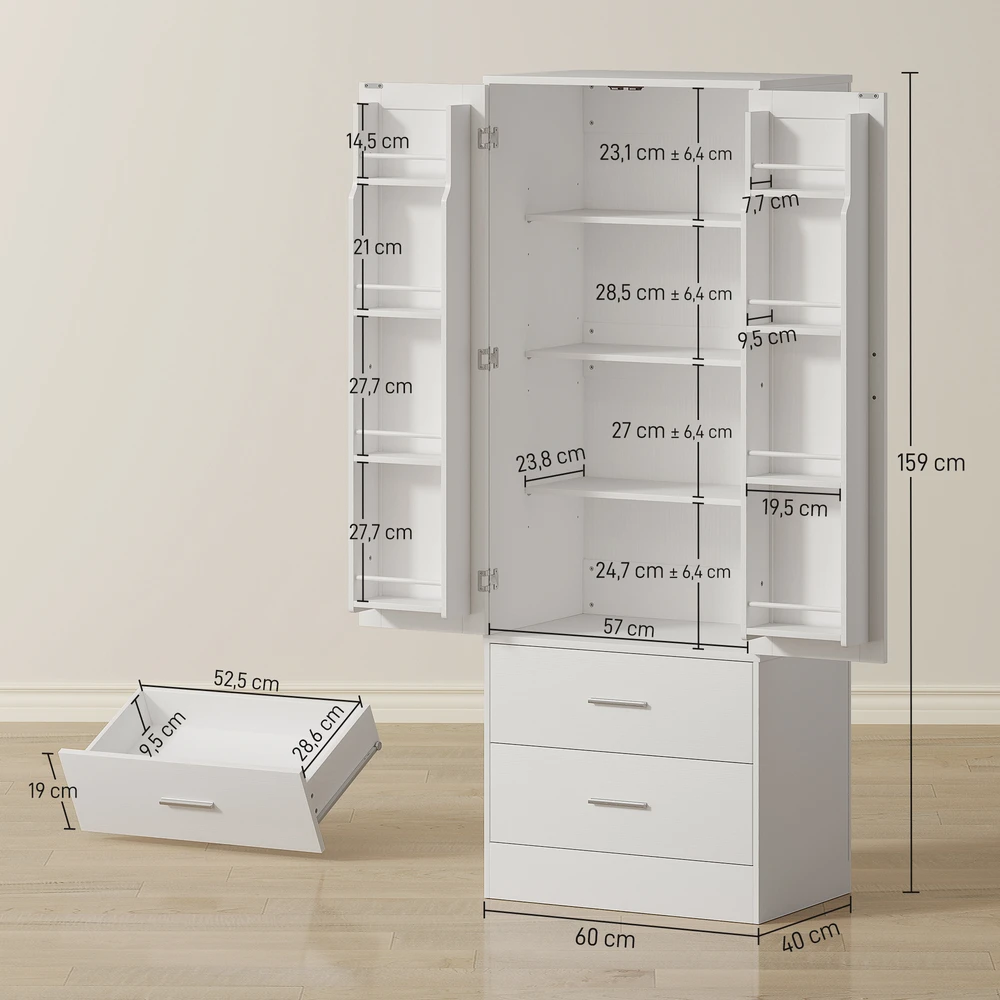 Aosom Virtuvės spintelė, 159 cm, balta, reguliuojamos lentynos, 2 stalčiai