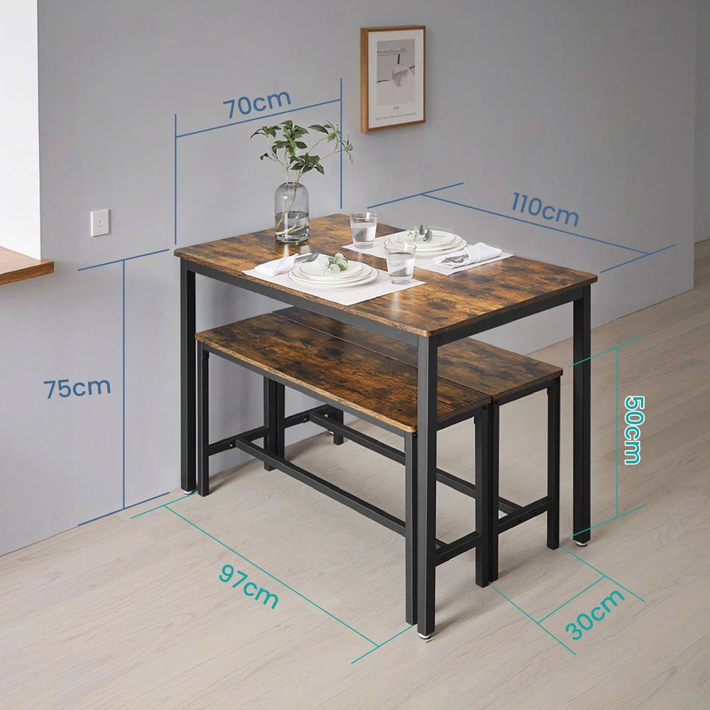 Songmics Virtuvės stalo komplektas su 2 suolais, 110 x 70 x 75 cm, plienas, ruda-juoda