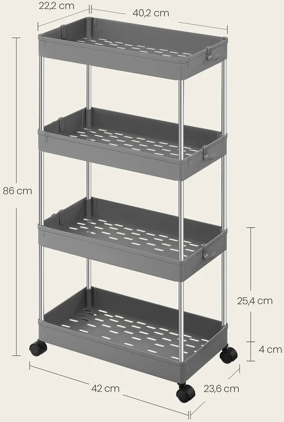 Koduva Virtuvės vežimėlis su 4 lentynomis ir 6 kabliukais, 23,6 x 42 x 86 cm, pilkas