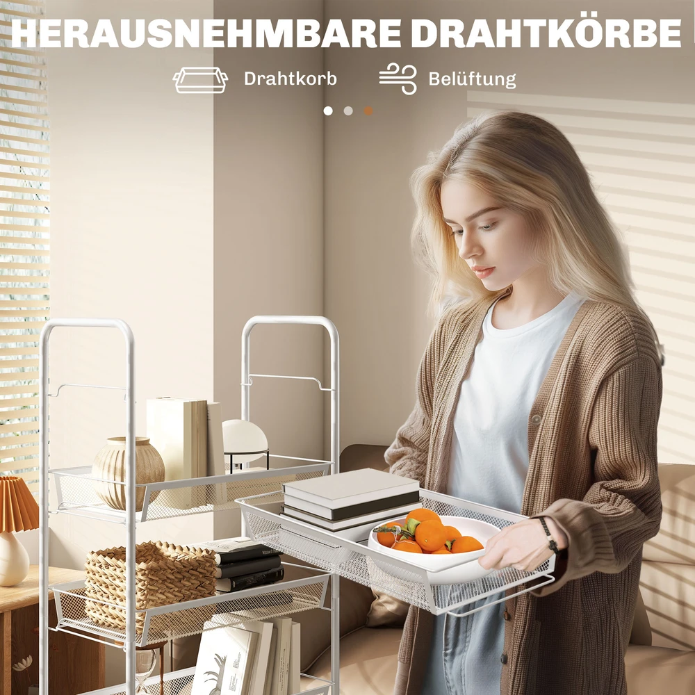 Aosom Virtuvės vežimėlis su 5 vieliniais krepšiais, 4 kabliukais, 4 ratukais, 2 rankenomis, plienas / plastikas, 45 x 26,5 x 106 cm, baltas