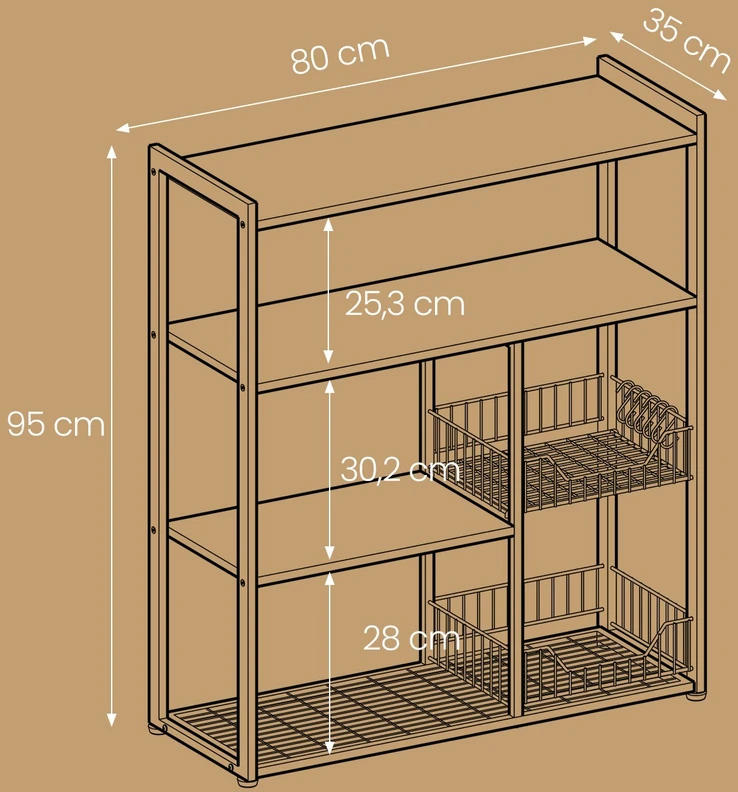 Koduva Virtuvinė lentyna su 2 metaliniais krepšiais, 35 x 80 x 93,5 cm, medžio drožlių plokštė ir plienas