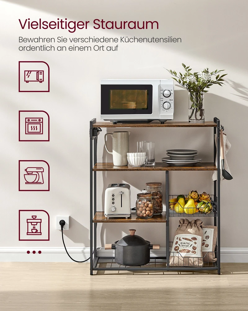 Koduva Virtuvinė lentyna su lizdais, 35 x 80 x 93,5 cm, su 2 metaliniais krepšiais, ruda/juoda