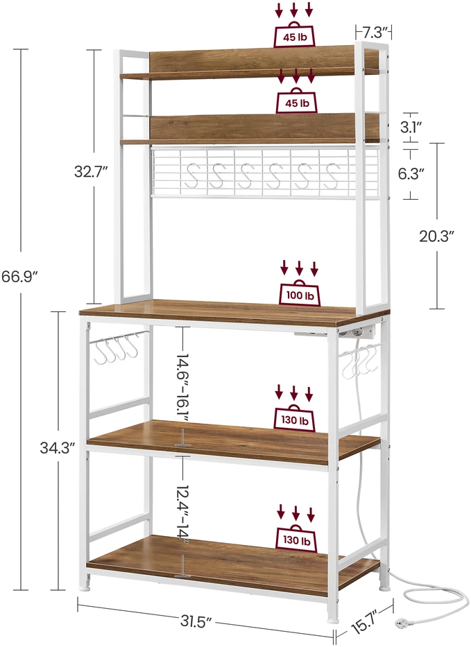 Koduva Virtuvinė lentyna su lizdais ir tinkleline plokšte, 40 x 80 x 170 cm, ruda ir balta