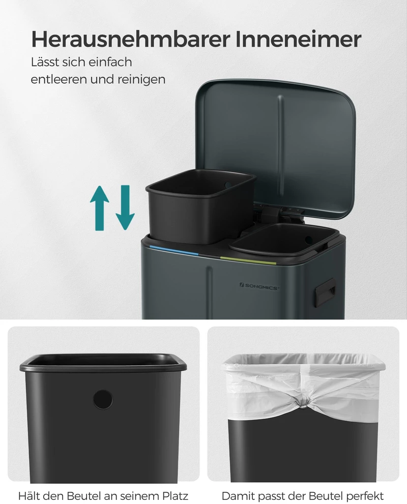 Koduva Virtuvinė šiukšliadėžė 40 l, 2 skyrių, 2 x 20 l, plieninė, žalsvai pilka