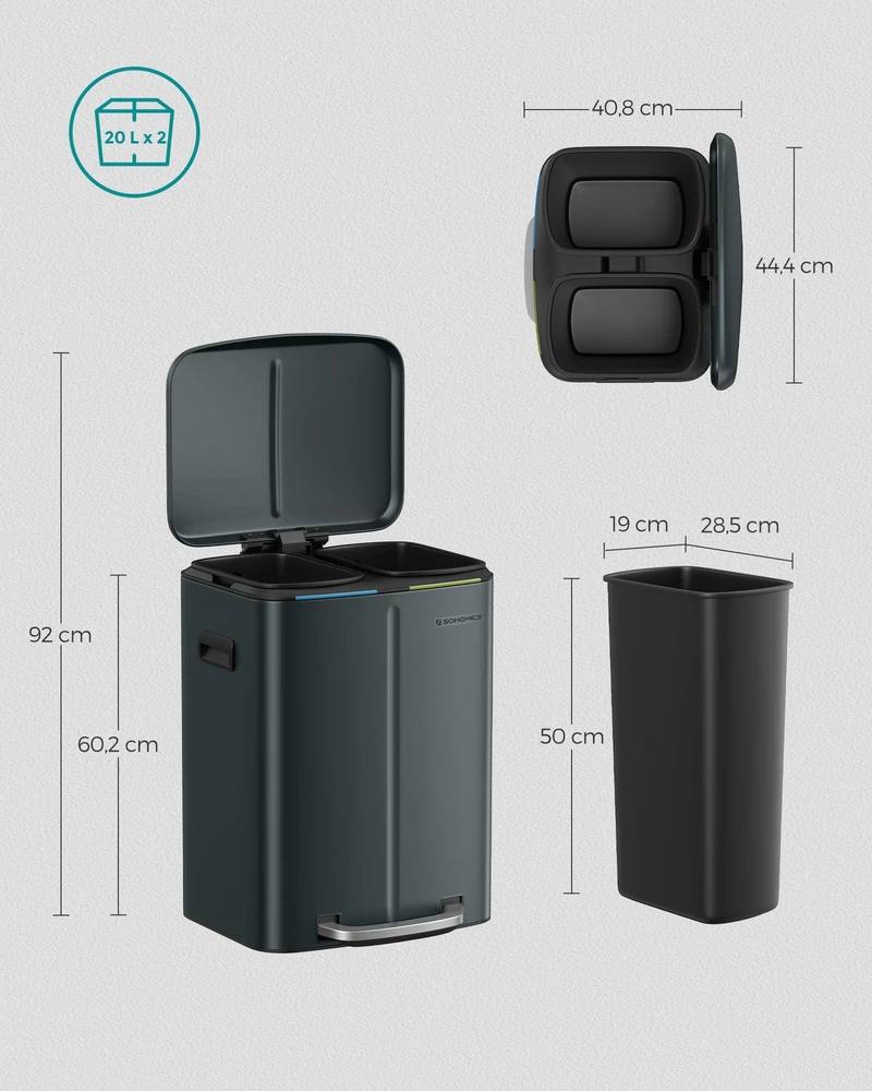 Koduva Virtuvinė šiukšliadėžė 40 l, 2 skyrių, 2 x 20 l, plieninė, žalsvai pilka