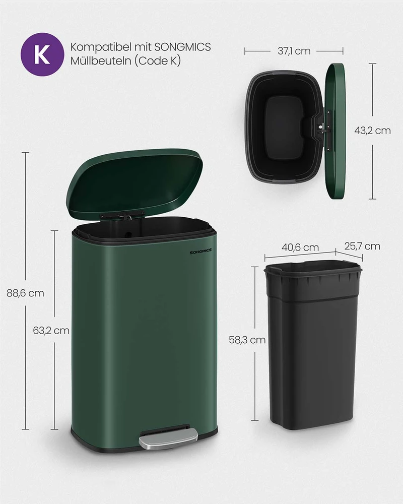 Koduva Virtuvinė šiukšliadėžė 50 l, plieninė, su plastikiniu vidiniu kibiru, vintažinės žalios spalvos
