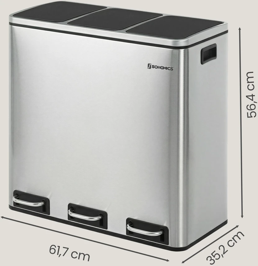 Koduva Virtuvinė šiukšliadėžė, 54 l, 3 x 18 l, 3 skyrių atliekų rūšiavimo sistema, sidabro-juoda