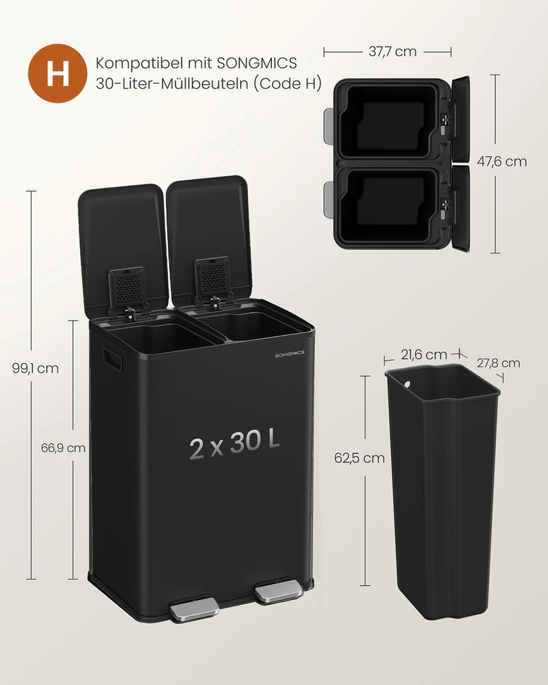Koduva Virtuvinė šiukšliadėžė su 2 skyriais, 2 x 30 l, plieninė, su soft-close dangčiu, juoda
