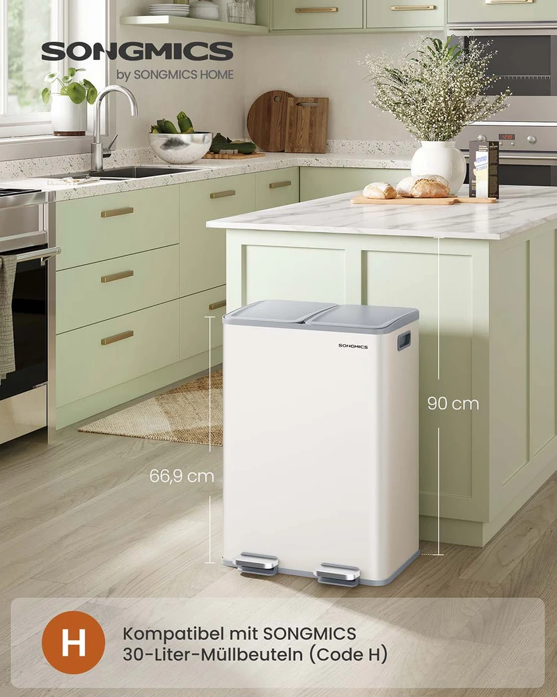 Koduva Virtuvinė šiukšliadėžė su 2 skyriais, 2 x 30 l, plieninė, matinė balta