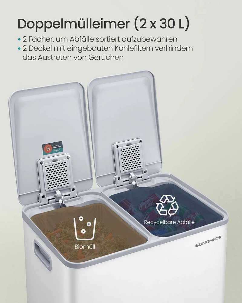 Koduva Virtuvinė šiukšliadėžė su 2 skyriais, 2 x 30 l, plieninė, matinė balta