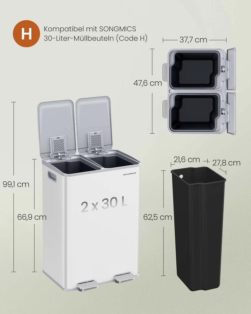 Koduva Virtuvinė šiukšliadėžė su 2 skyriais, 2 x 30 l, plieninė, matinė balta