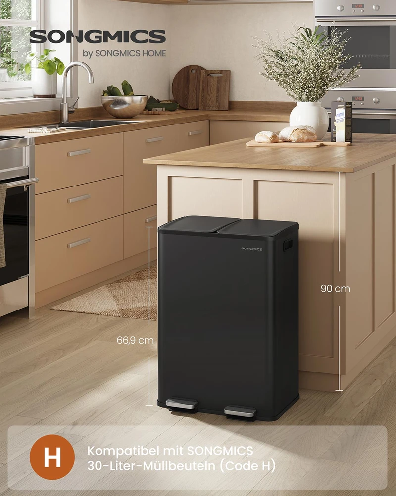 Koduva Virtuvinė šiukšliadėžė su 2 skyriais, 2 x 30 l, plieninė, su soft-close dangčiu, juoda