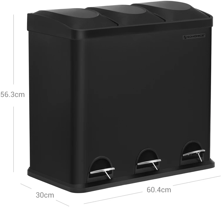 Koduva Virtuvinė šiukšliadėžė su pedalais, 54 l, 3 skyriai, plienas ir ABS, juoda, 60,4 x 30 x 56,3 cm