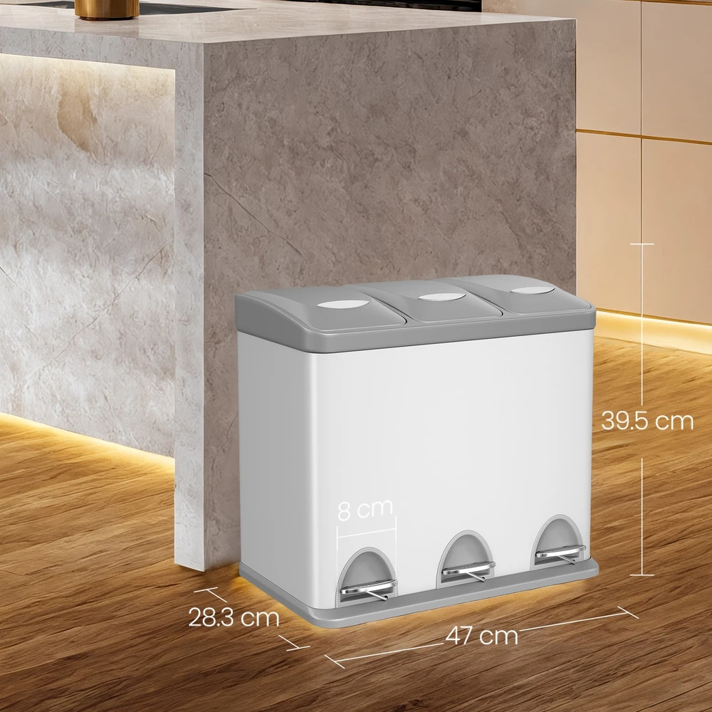 Koduva Virtuvinė šiukšliadėžė su pedalu, 3 x 8 l, 3 skyriai, su dangčiu ir vidiniais kibirėliais, balta-pilka