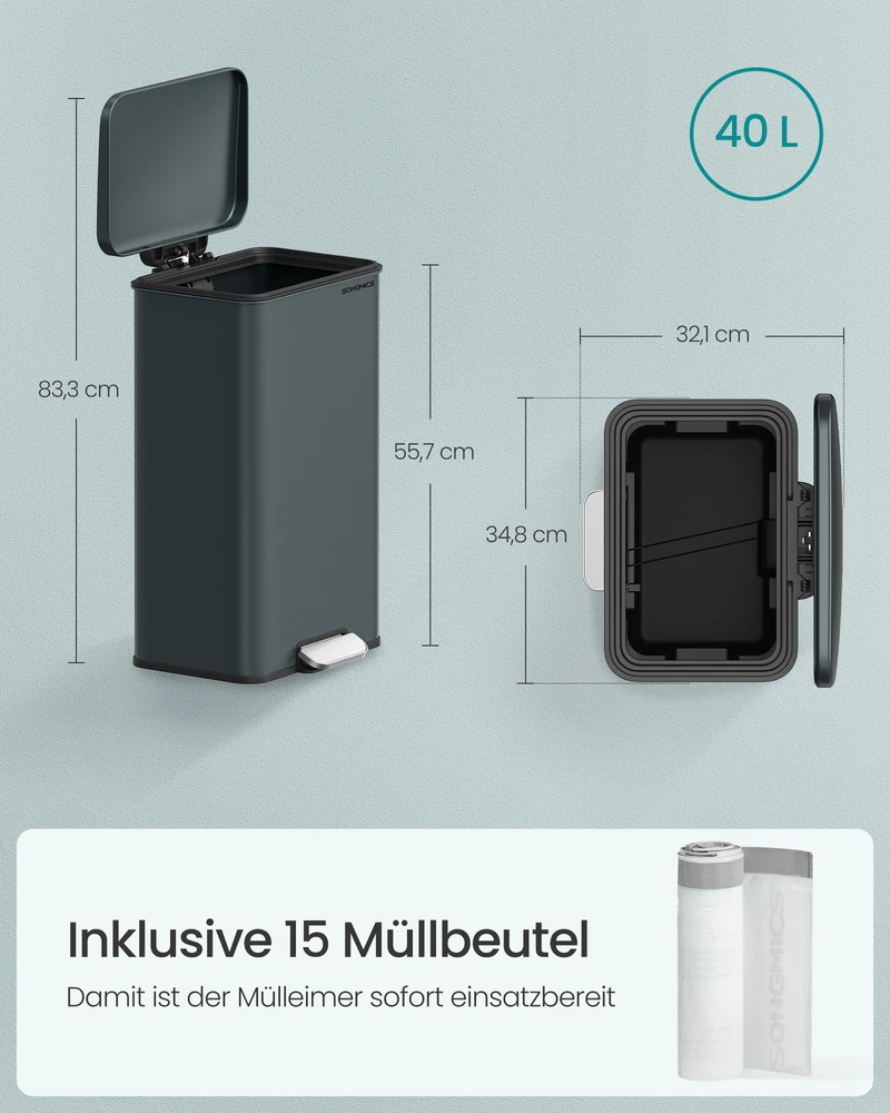 Koduva Virtuvinė šiukšliadėžė su pedalu, 40 l, plieninė, antracito pilka, 34,8 x 32,1 x 55,7 cm