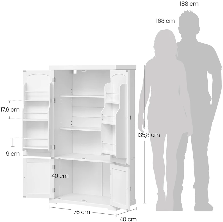 Koduva Virtuvinė spintelė, balta, iš MDF, 40 x 76 x 135,8 cm, su 4 reguliuojamomis lentynomis ir 6 durų skyreliais