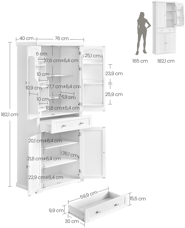 Koduva Virtuvinė spintelė su lentynomis ir stalčiais, balta, MDF, 40 x 76 x 182,1 cm