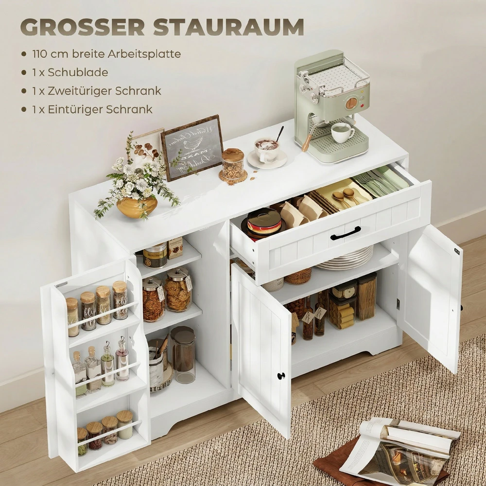Aosom Virtuvinis sideboardas su stalčiumi, reguliuojamos lentynos, baltas, 110 x 40 x 80 cm