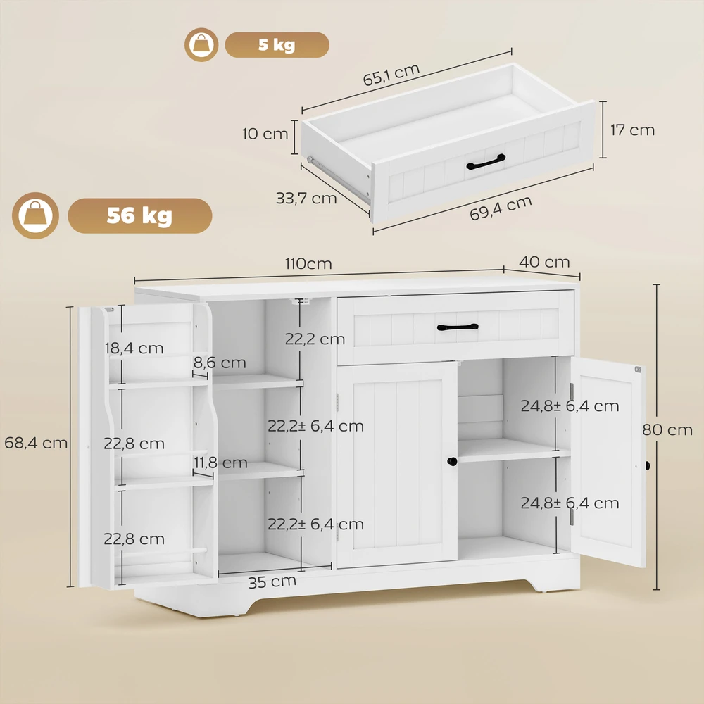 Aosom Virtuvinis sideboardas su stalčiumi, reguliuojamos lentynos, baltas, 110 x 40 x 80 cm