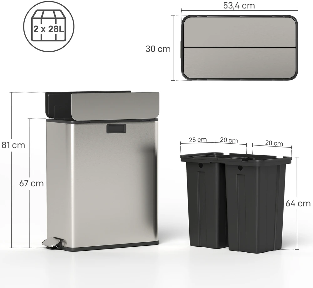 Aosom Virtuvinis šiukšliadėžė 2 x 28 l, nerūdijantis plienas, sidabrinė, 851-056V01SR