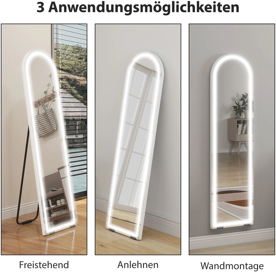 Aosom Viso ūgio veidrodis su LED šviestuvais, 150 x 40 cm, arkinis, baltas