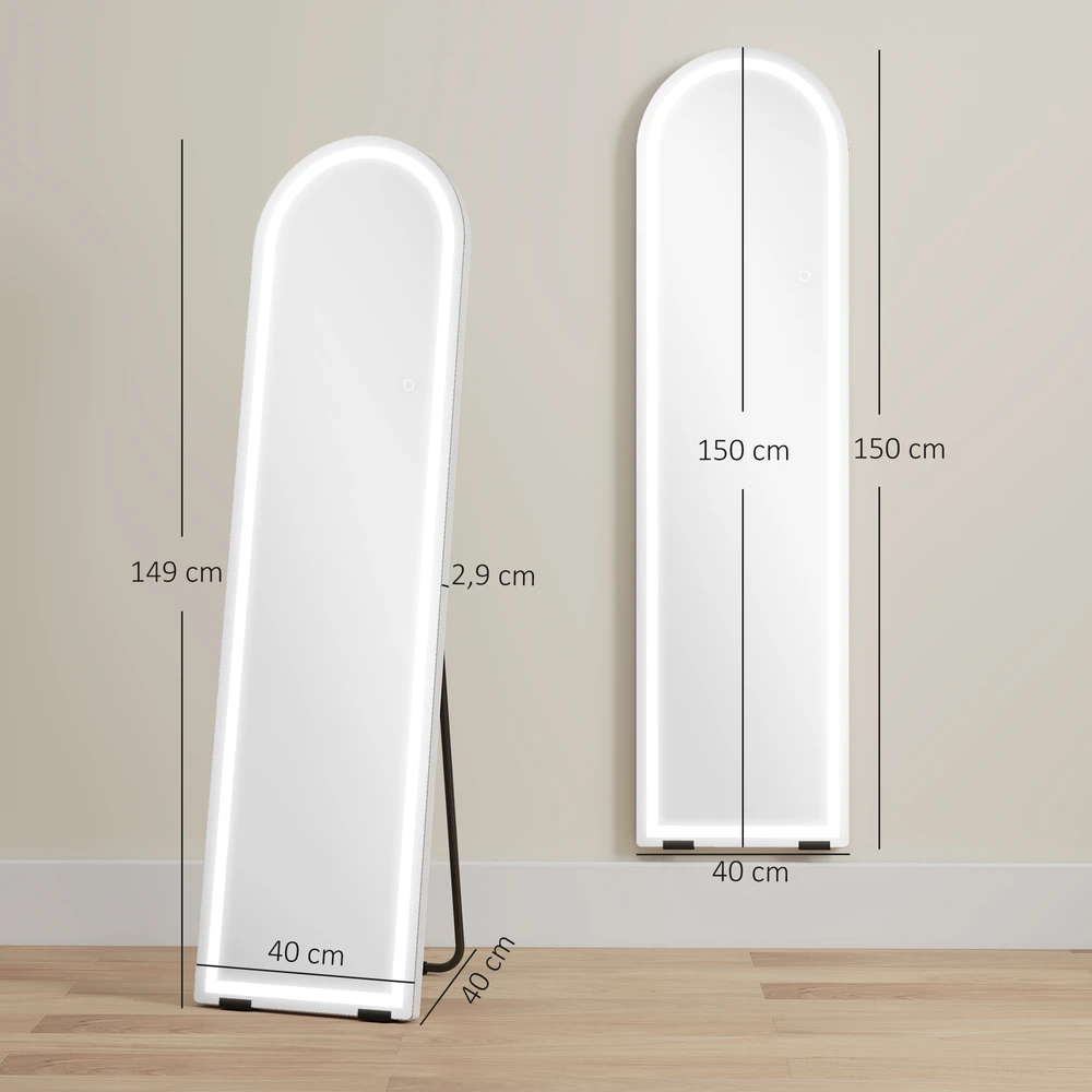 Aosom Viso ūgio veidrodis su LED šviestuvais, 150 x 40 cm, arkinis, baltas
