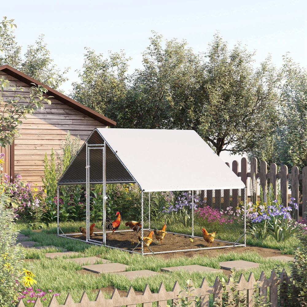 Aosom Vištidė su laisvalaikio aptvaru ir stogeliu, 3 x 2 x 2 m, sidabrinė/pilka