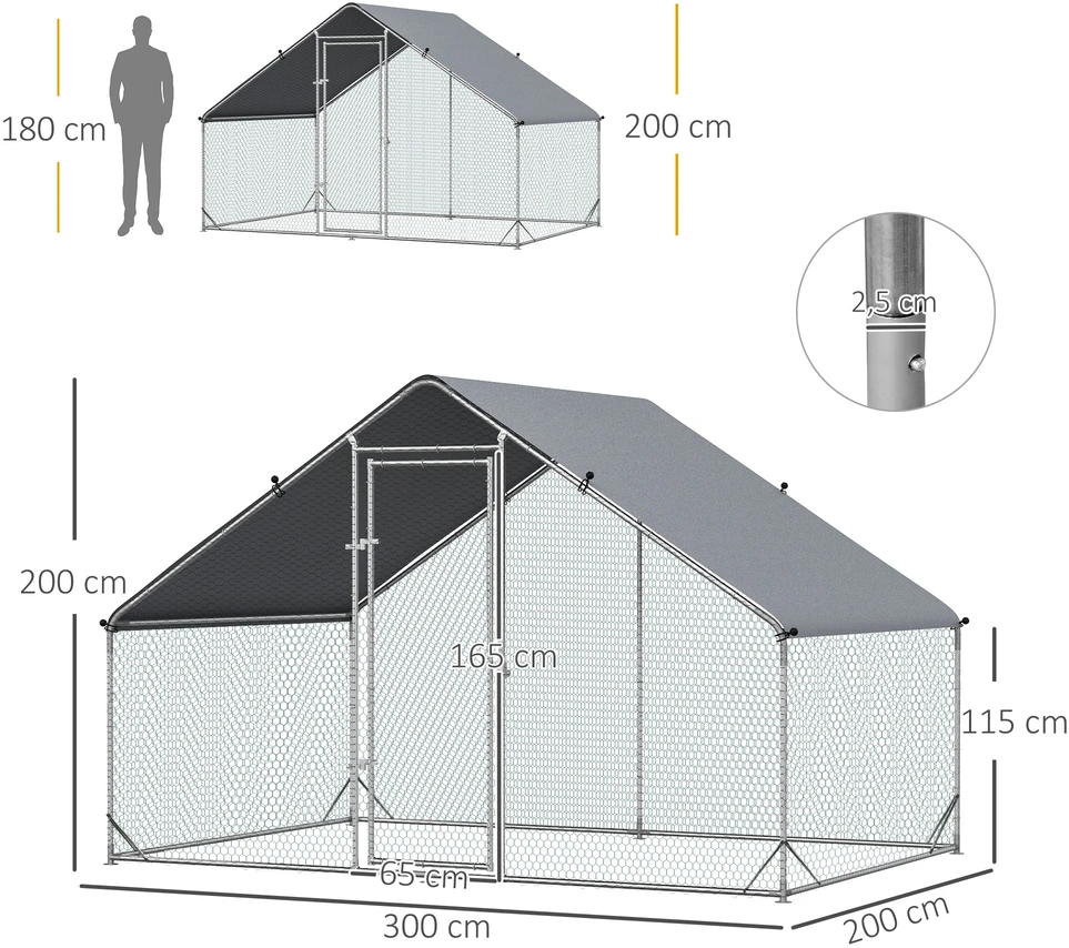 Aosom Vištidė su laisvalaikio aptvaru ir stogeliu, 3 x 2 x 2 m, sidabrinė/pilka