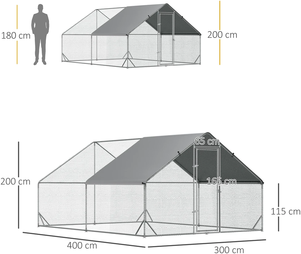 Aosom Vištidė su laisvo išbėgimo aptvaru ir stogeliu, 3 x 4 x 2 m, sidabrinė, pilka