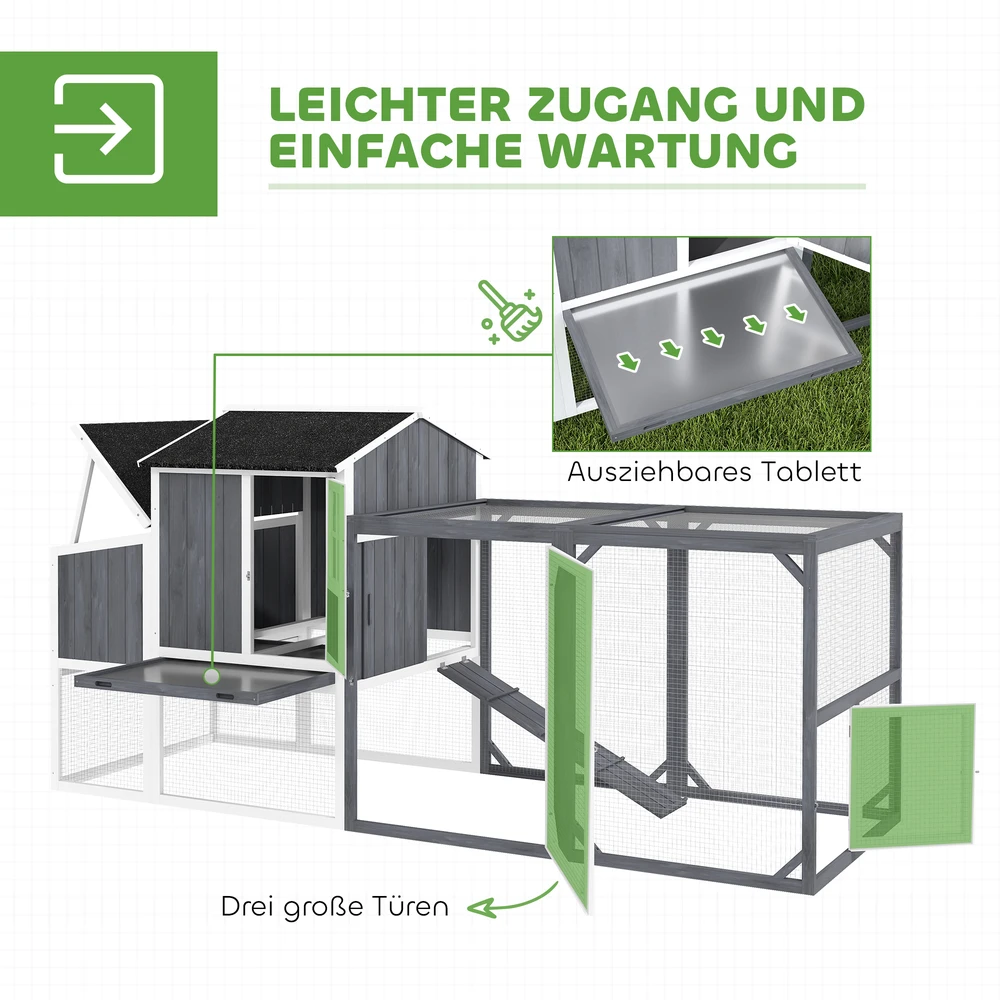 Aosom Vištidė su voljeru, skirta 3–4 vištoms, 3 dalių lizdavietė, 1,9 m², fir mediena, pilka