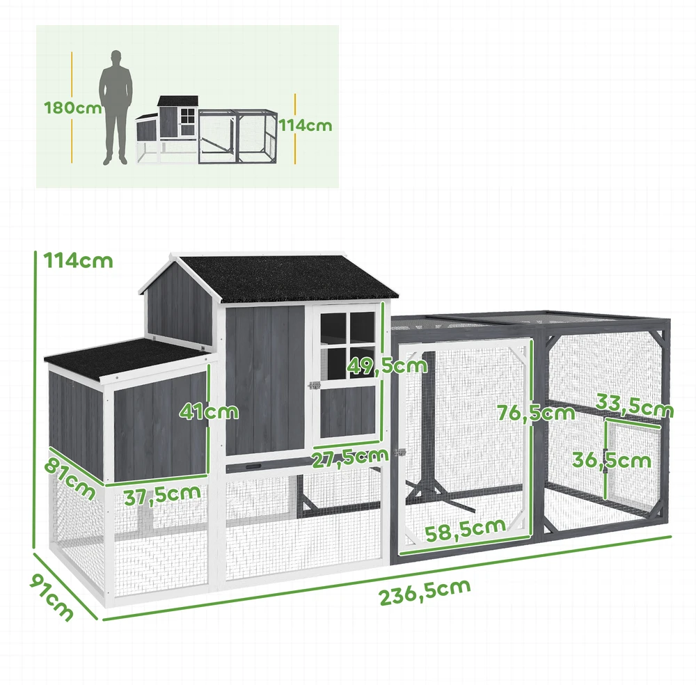 Aosom Vištidė su voljeru, skirta 3–4 vištoms, 3 dalių lizdavietė, 1,9 m², fir mediena, pilka